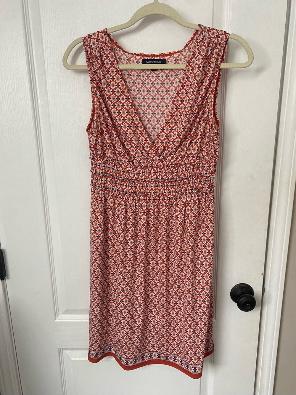 Max Edition Red Printed V-Neck Gathered Waist Midi Dress